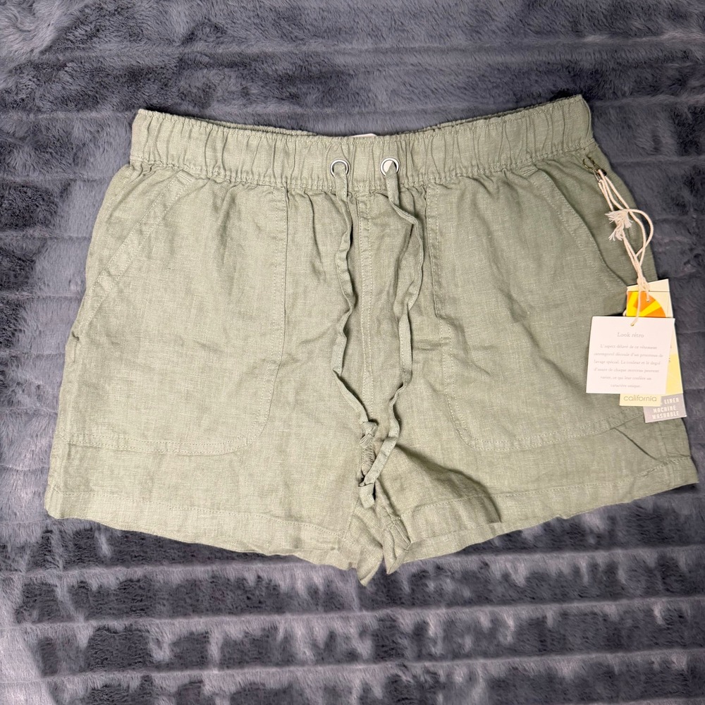 C&C California Linen Shorts Womens Small Sage Green Drawstring Casual 100% Linen